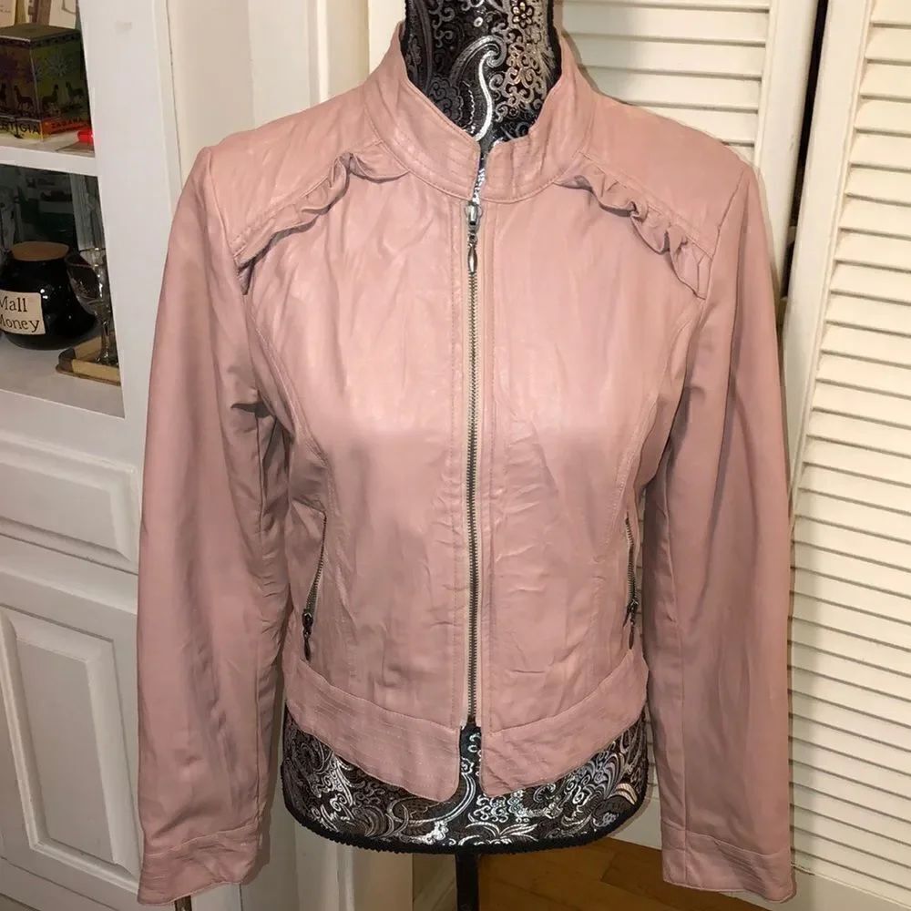 Vegan 'Leather' Look Ruffle Jacket in Dusty Rose 🌹 with Secure Zip Pockets